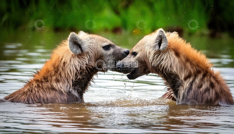 高清大图下载【趣麦麦图】水中互动的鬣狗