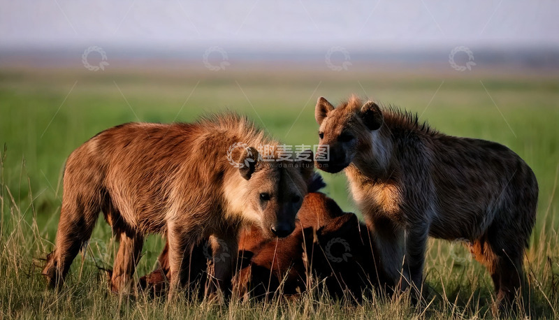 高清大图下载【趣麦麦图】草原上进食的鬣狗群