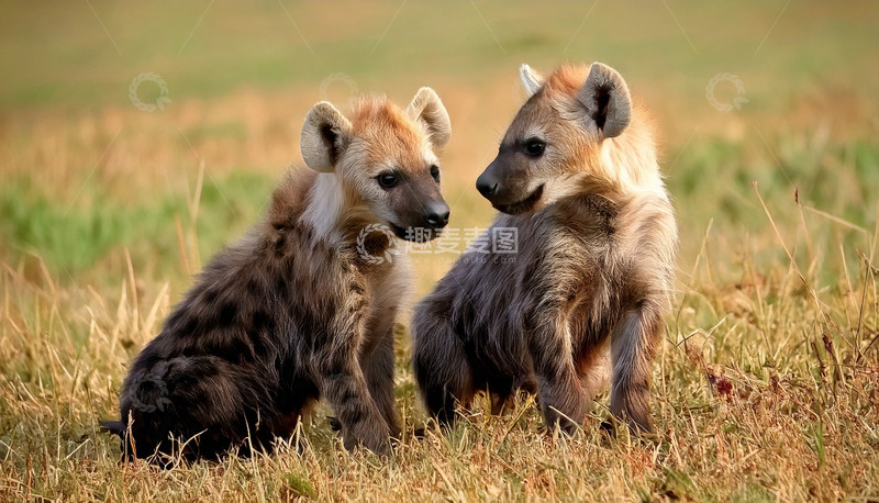 高清大图下载【趣麦麦图】草地上对视的鬣狗幼崽