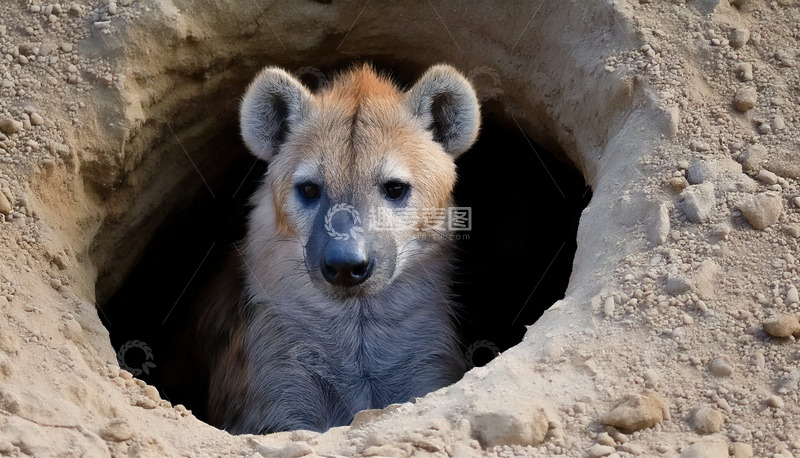 高清大图下载【趣麦麦图】洞穴口张望的鬣狗幼崽
