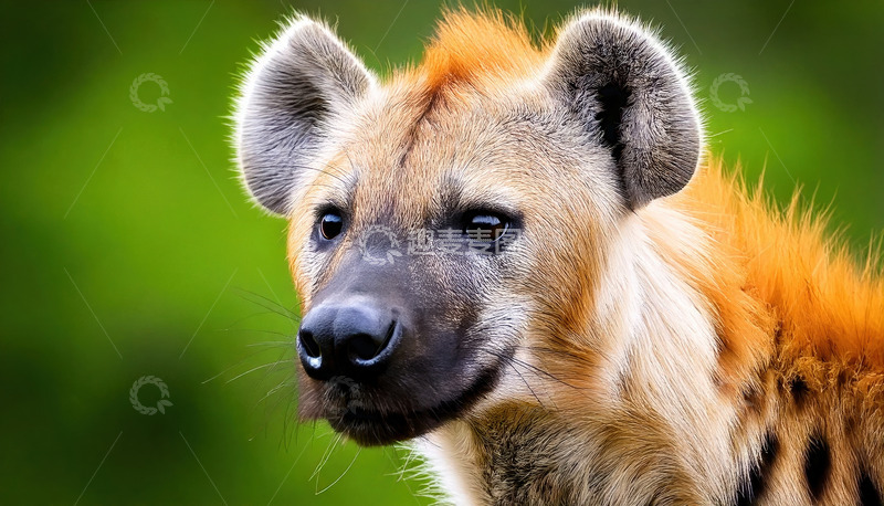 高清大图下载【趣麦麦图】绿背景下的鬣狗特写