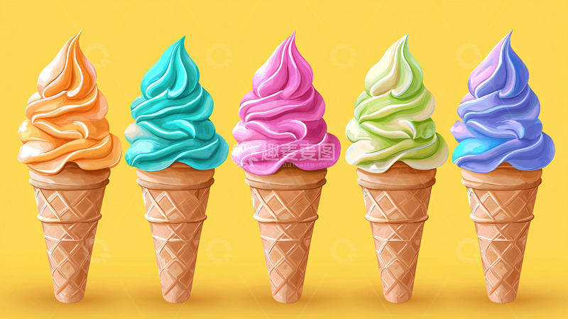 高清大图下载【趣麦麦图】五种口味的彩色冰淇淋蛋筒