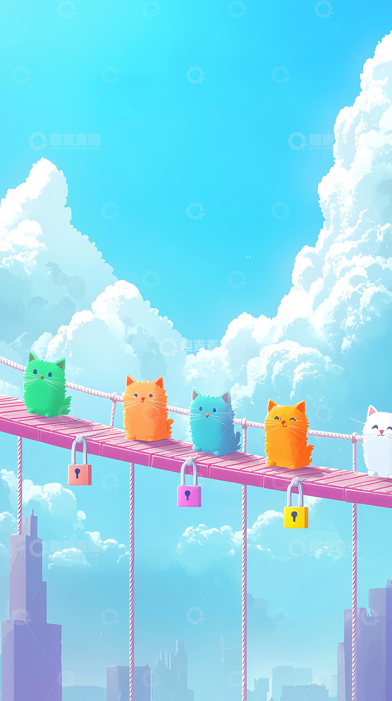 高清大图下载【趣麦麦图】彩色猫咪桥上行走