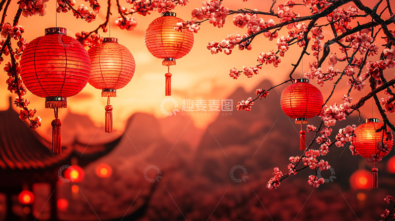 高清大图下载【趣麦麦图】红灯笼挂在桃花树枝上