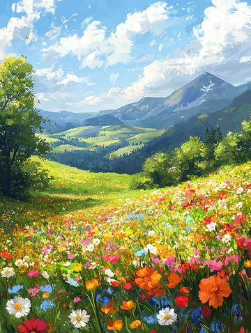 鲜花盛开的山野景色