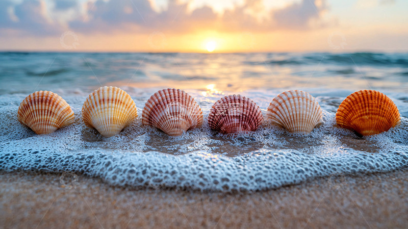 高清大图下载【趣麦麦图】日出海滩贝壳