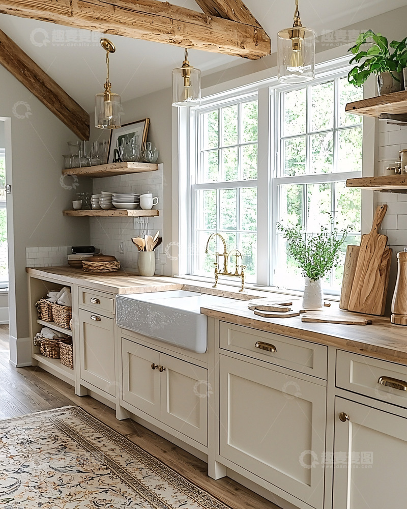 高清大图下载【趣麦麦图】原木横梁乡村风格厨房