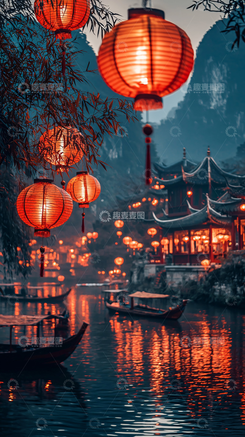 高清大图下载【趣麦麦图】夜景红灯笼古镇