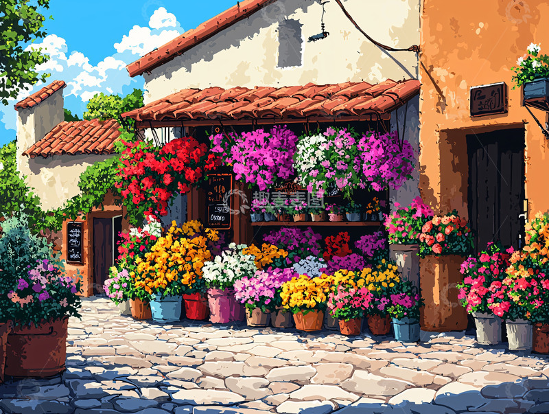 高清大图下载【趣麦麦图】阳光下的花店街景