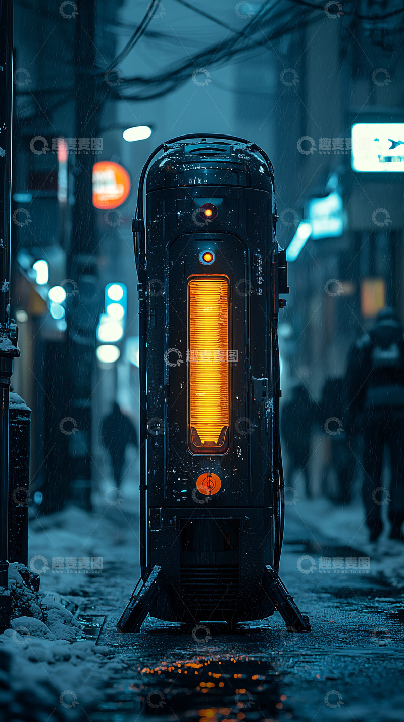 高清大图下载【趣麦麦图】雪夜街景下的科幻机器人