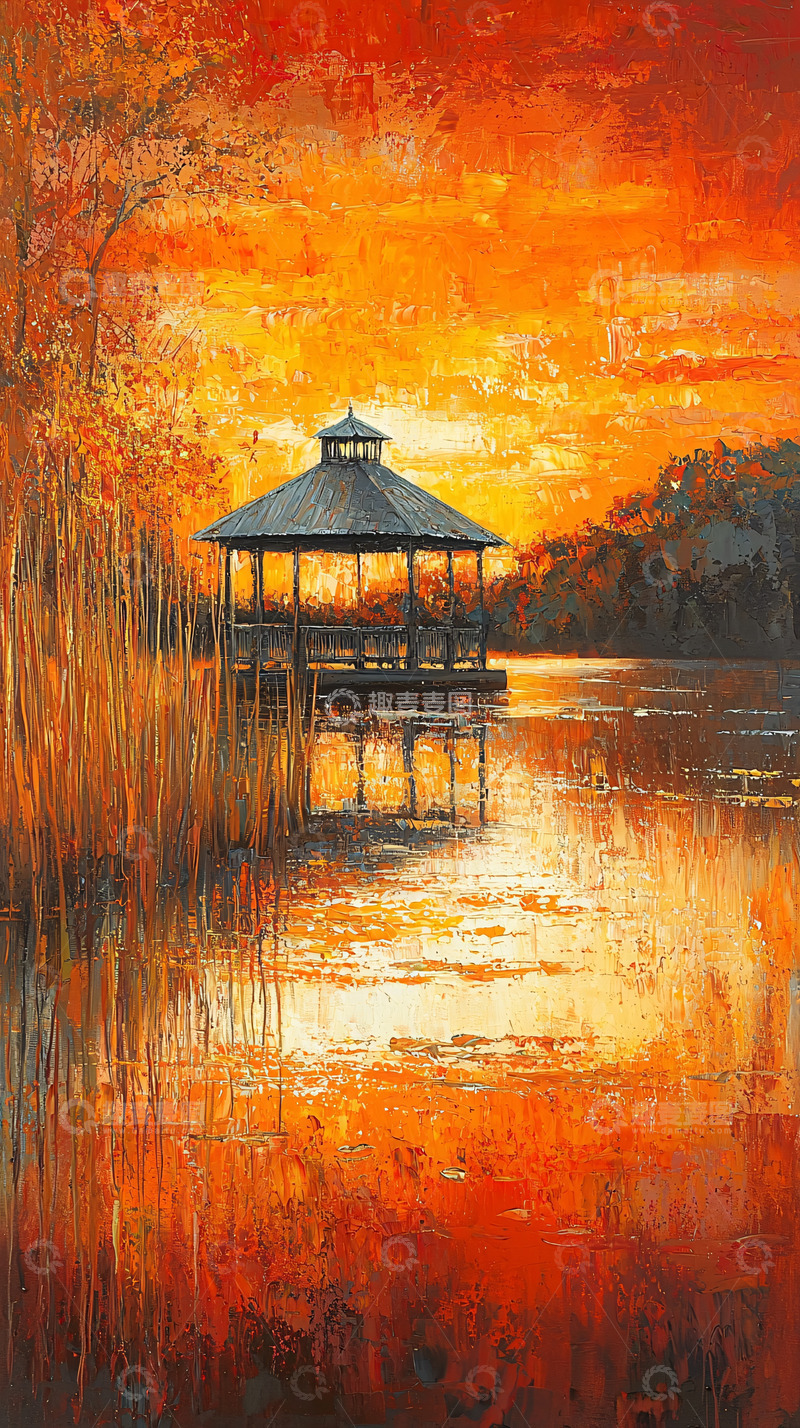 高清大图下载【趣麦麦图】湖中凉亭的油画日落
