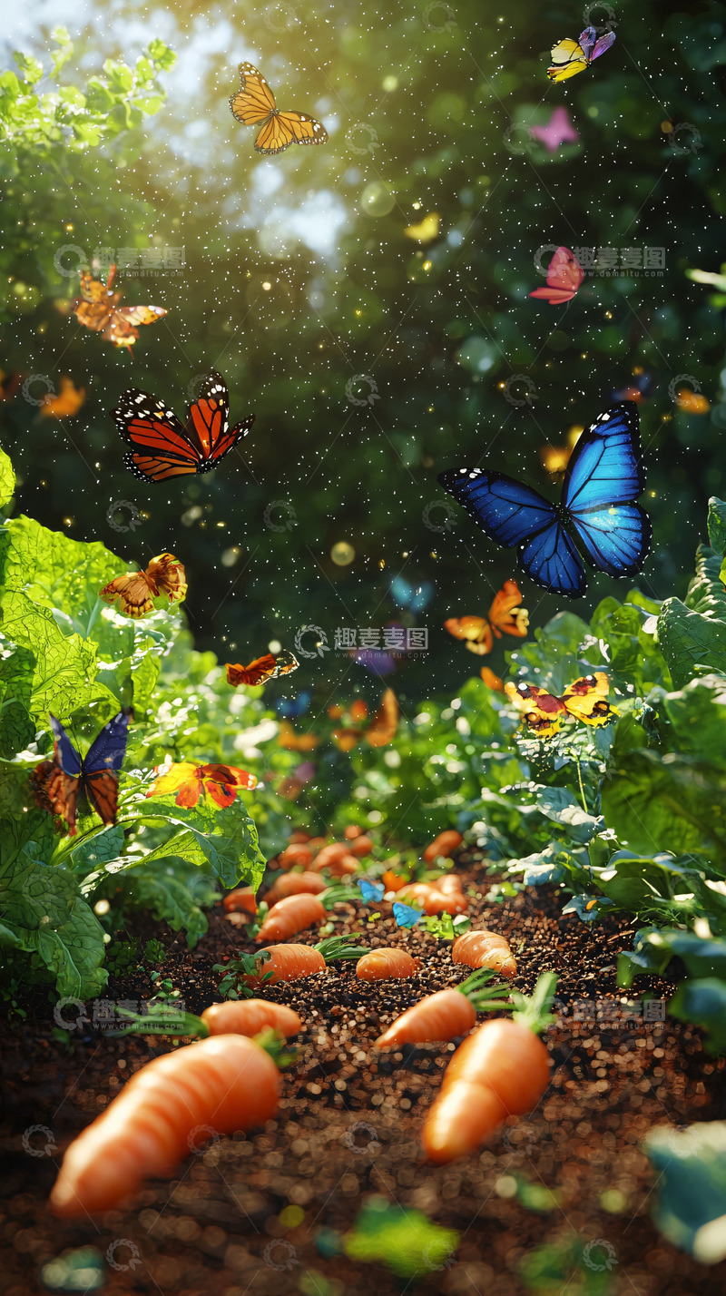 高清大图下载【趣麦麦图】阳光下胡萝卜田间的蝴蝶