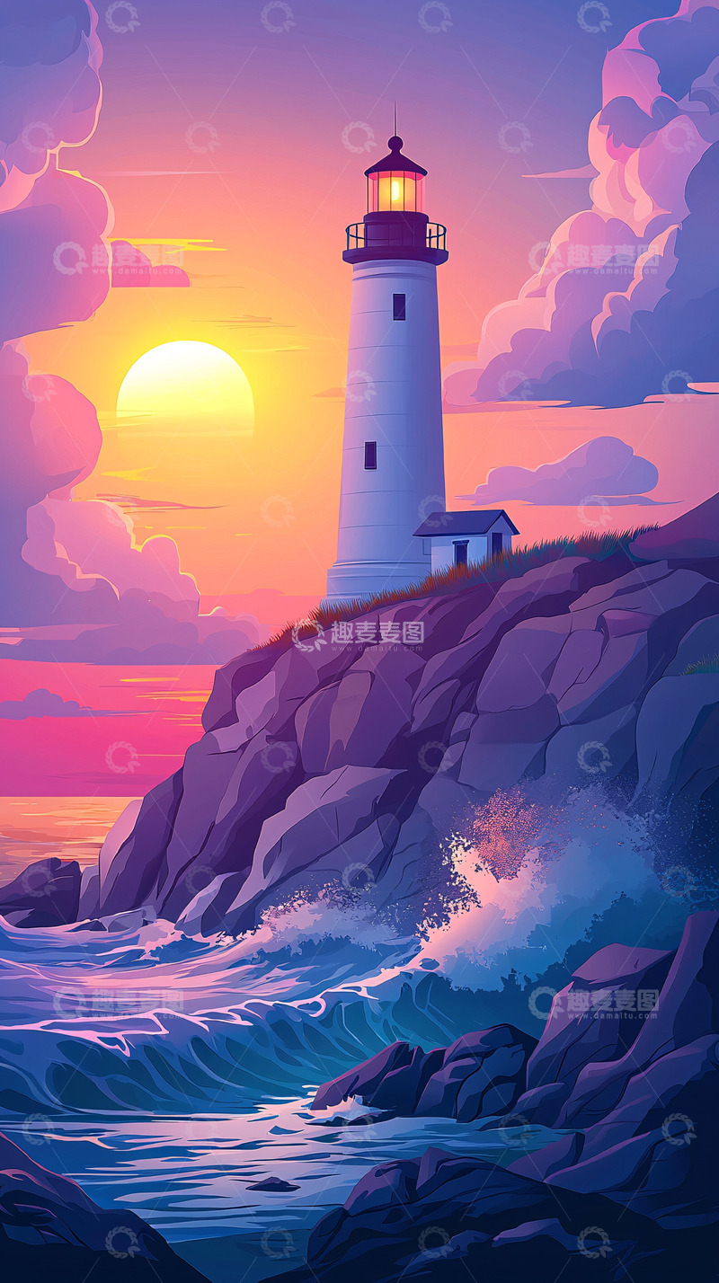 高清大图下载【趣麦麦图】海岸灯塔日落美景