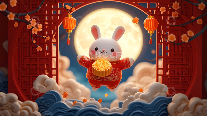 高清大图下载【趣麦麦图】创意红色卡通手绘中秋节玉兔插画背景4