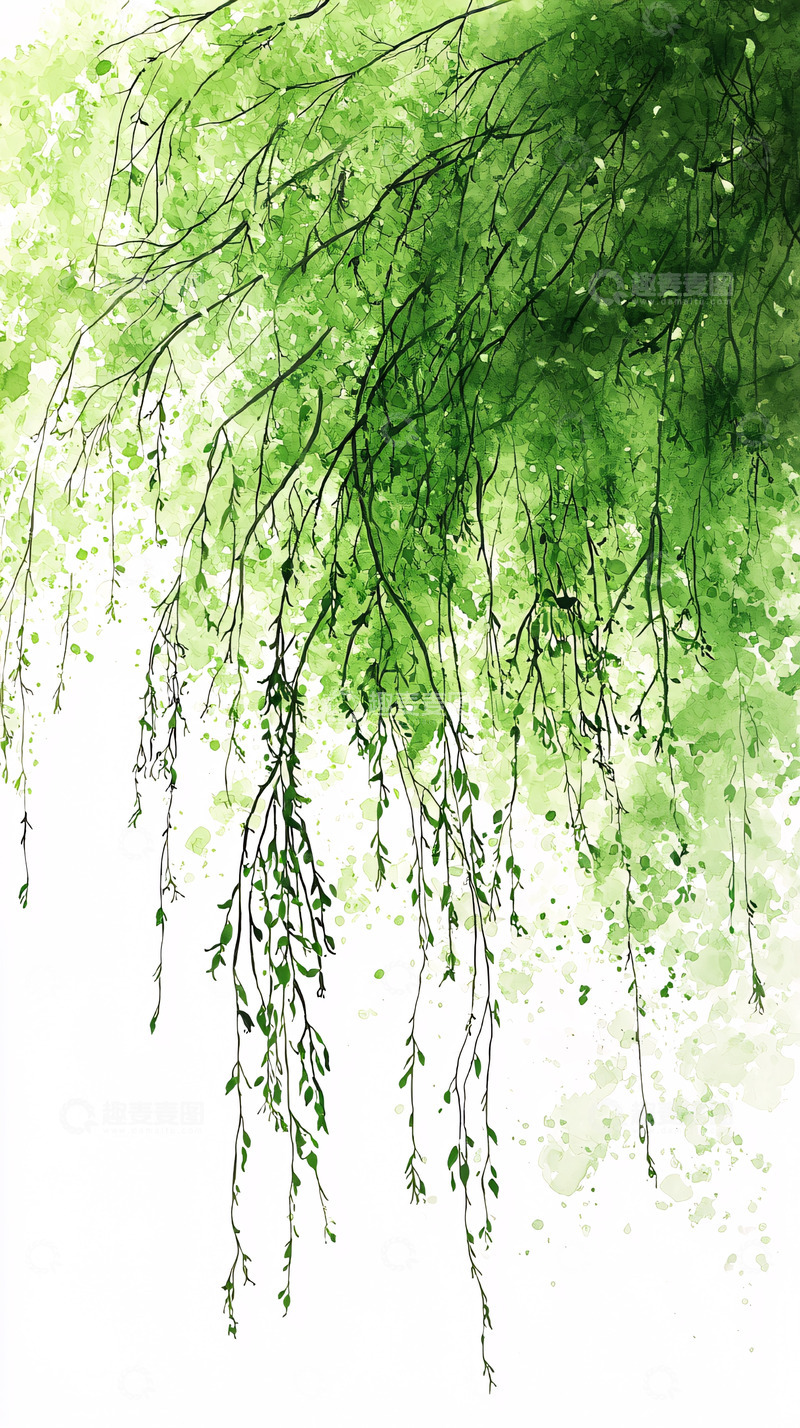 高清大图下载【趣麦麦图】绿色垂枝水彩画