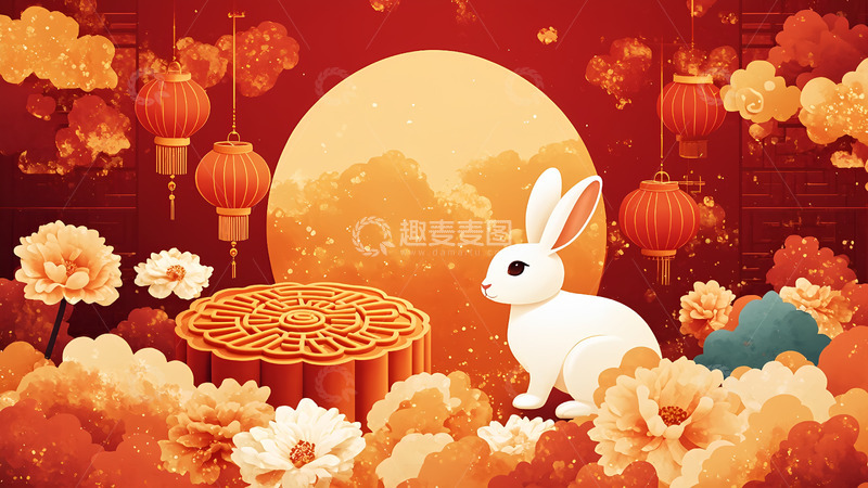 高清大图下载【趣麦麦图】创意红色卡通手绘中秋节玉兔插画背景2