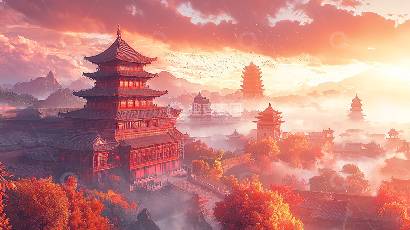 高清大图下载【趣麦麦图】夕阳下的中国古建筑群