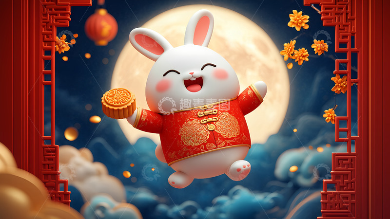 高清大图下载【趣麦麦图】创意红色卡通手绘中秋节玉兔插画背景3