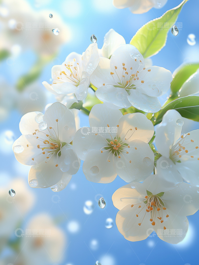 高清大图下载【趣麦麦图】带水珠的白色樱花特写图