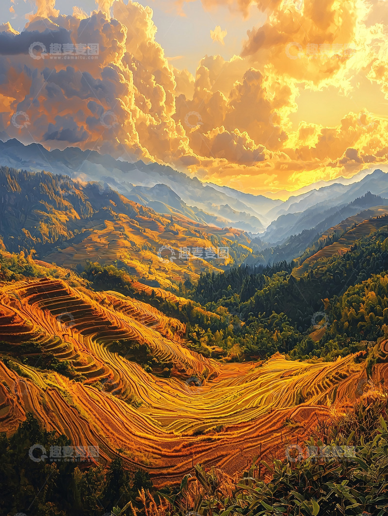 高清大图下载【趣麦麦图】夕阳下的梯田美景