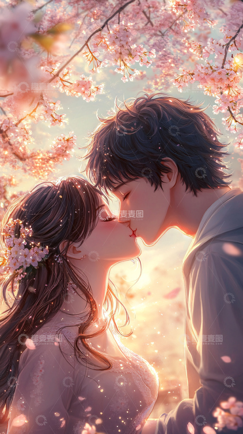 高清大图下载【趣麦麦图】樱花树下情侣接吻