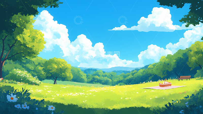 高清大图下载【趣麦麦图】创意卡通手绘春天风景插画4