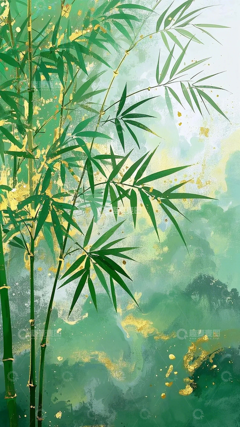 高清大图下载【趣麦麦图】中国手绘风插画绿竹大写意水墨肌理背景