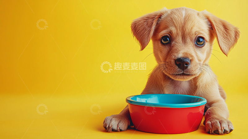 高清大图下载【趣麦麦图】黄色背景的小狗和狗碗