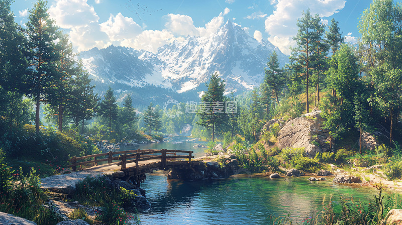 高清大图下载【趣麦麦图】雪山峡谷溪流木桥