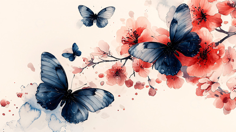 高清大图下载【趣麦麦图】水彩蝴蝶樱花