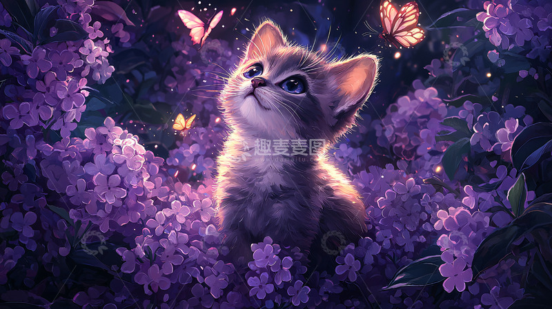 高清大图下载【趣麦麦图】小猫仰望蝴蝶在花丛中飞舞