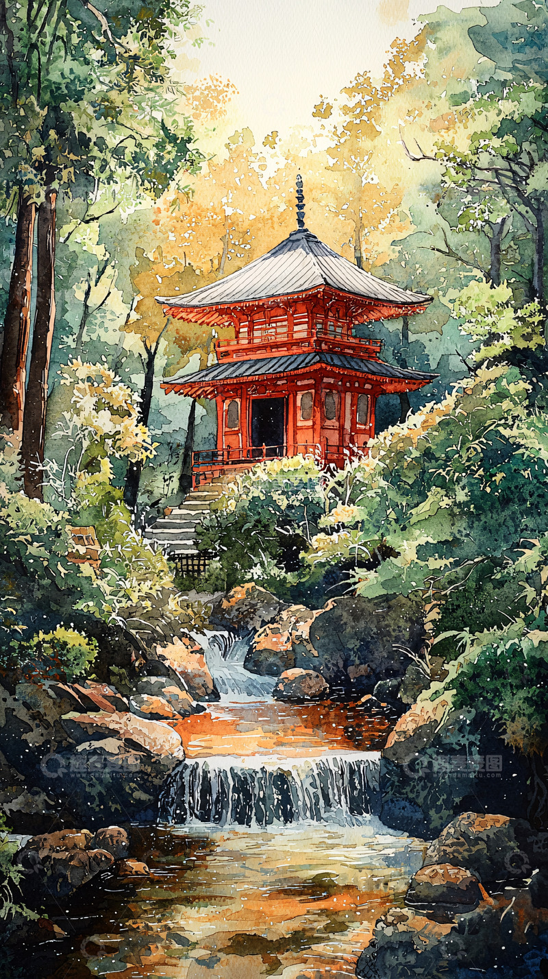 高清大图下载【趣麦麦图】红色日式塔在森林中