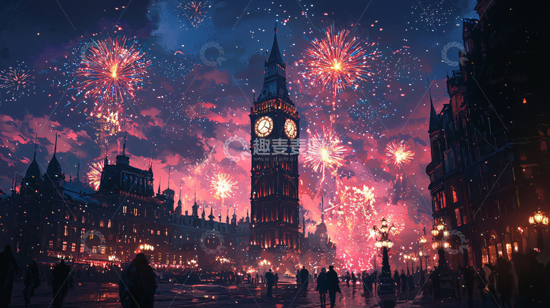 高清大图下载【趣麦麦图】伦敦大本钟新年烟火