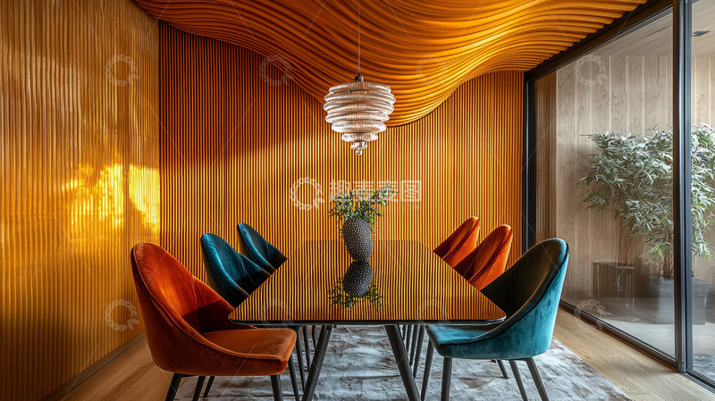 高清大图下载【趣麦麦图】-波浪形木质吊顶餐厅