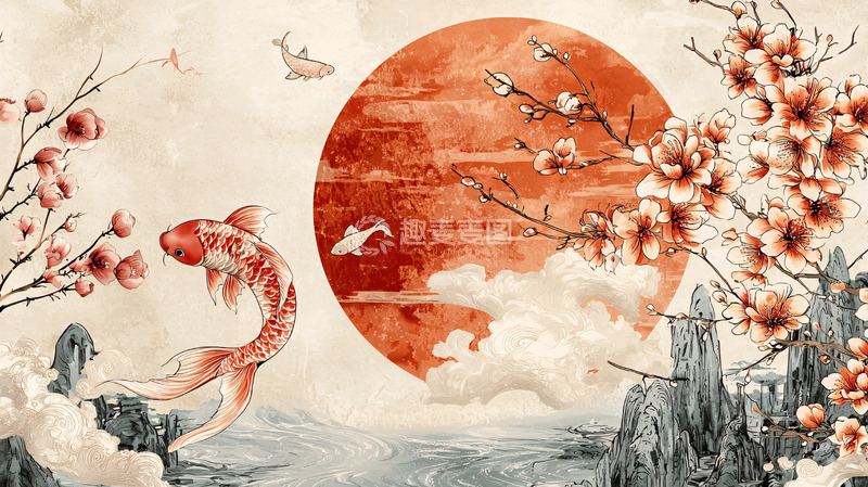 高清大图下载【趣麦麦图】红日鲤鱼樱花水墨画
