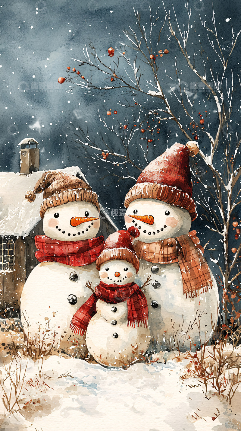 高清大图下载【趣麦麦图】雪人一家