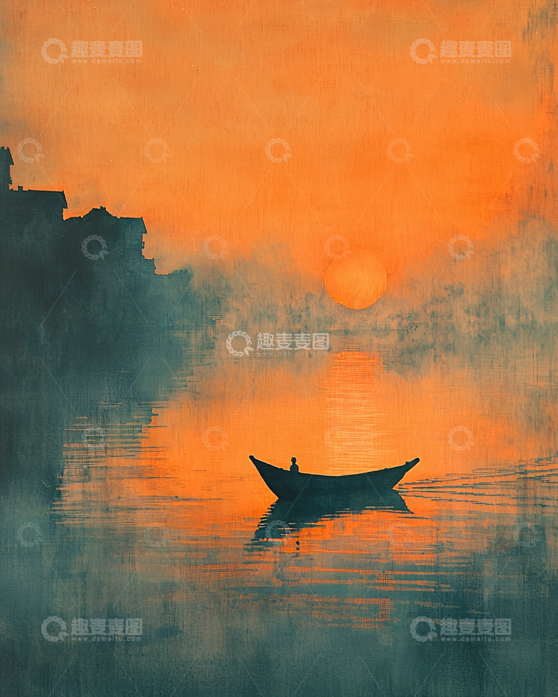 高清大图下载【趣麦麦图】日落江景独木舟