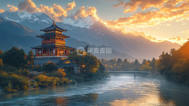 高清大图下载【趣麦麦图】日出雪山古塔河流