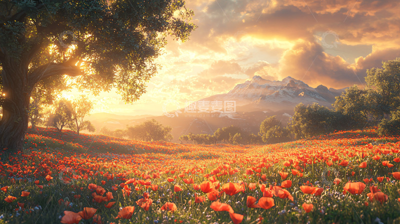 高清大图下载【趣麦麦图】金色的阳光洒在罂粟花田