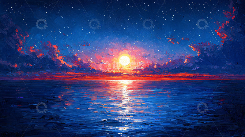 高清大图下载【趣麦麦图】蓝色星空下的海上日出