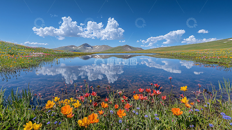 高清大图下载【趣麦麦图】宁静湖面倒映蓝天白云