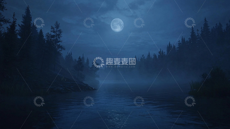 高清大图下载【趣麦麦图】月光下的雾气森林