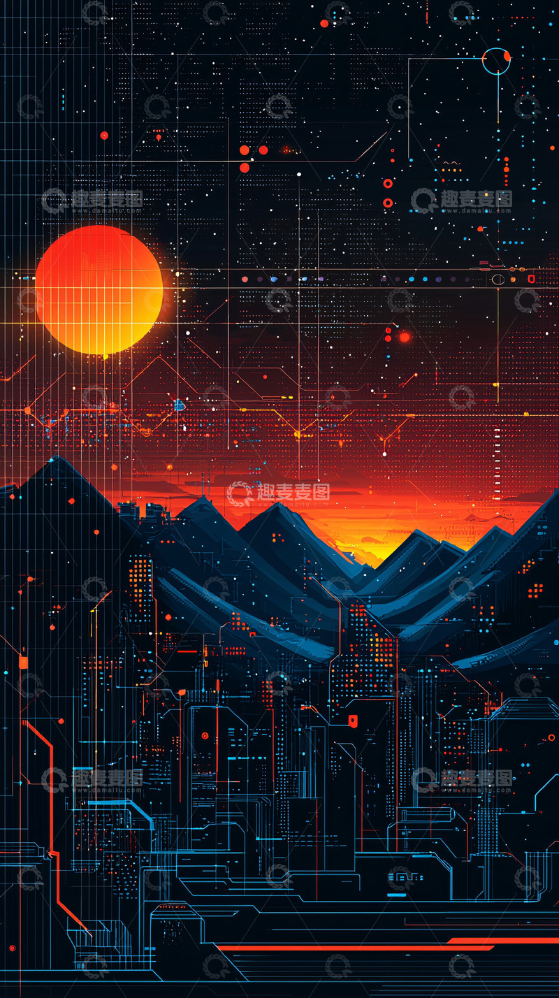 高清大图下载【趣麦麦图】科技感山脉日落城市