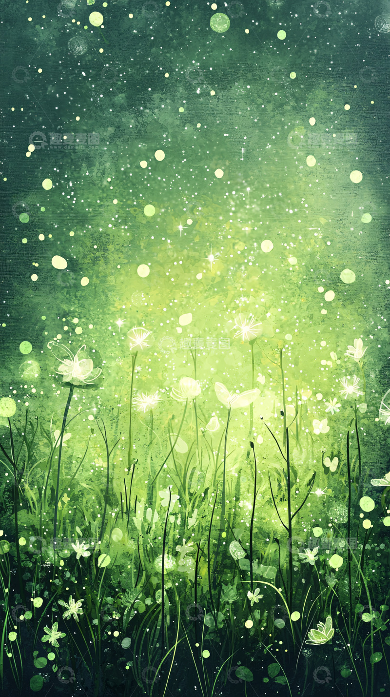 高清大图下载【趣麦麦图】绿光萤火虫梦幻花田
