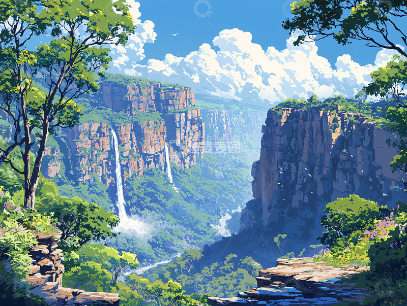 高清大图下载【趣麦麦图】峡谷瀑布风景画