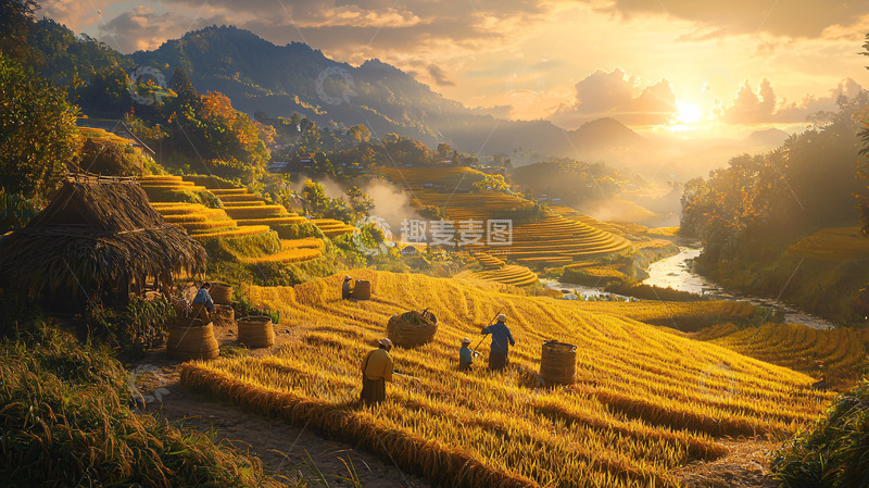 高清大图下载【趣麦麦图】日落梯田秋收景色