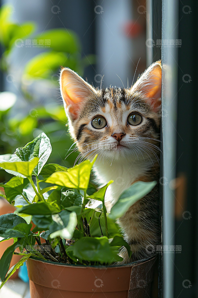 高清大图下载【趣麦麦图】小猫躲在花盆后面