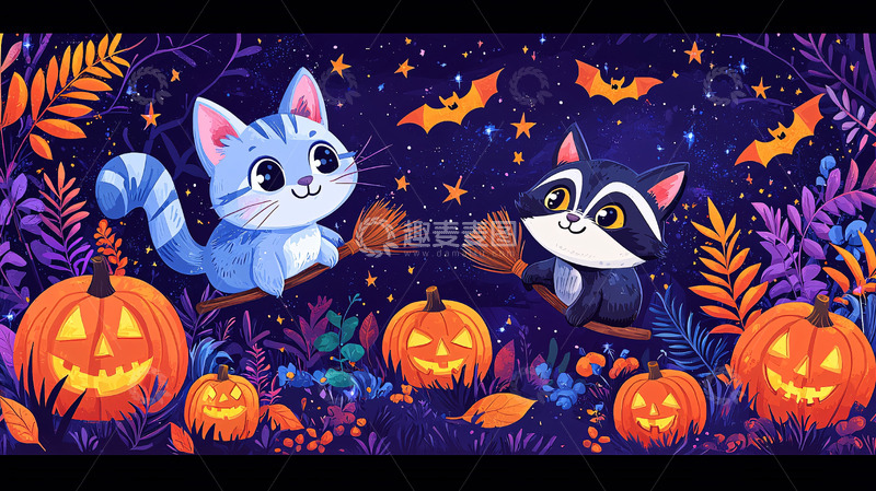 高清大图下载【趣麦麦图】可爱卡通猫咪浣熊万圣节