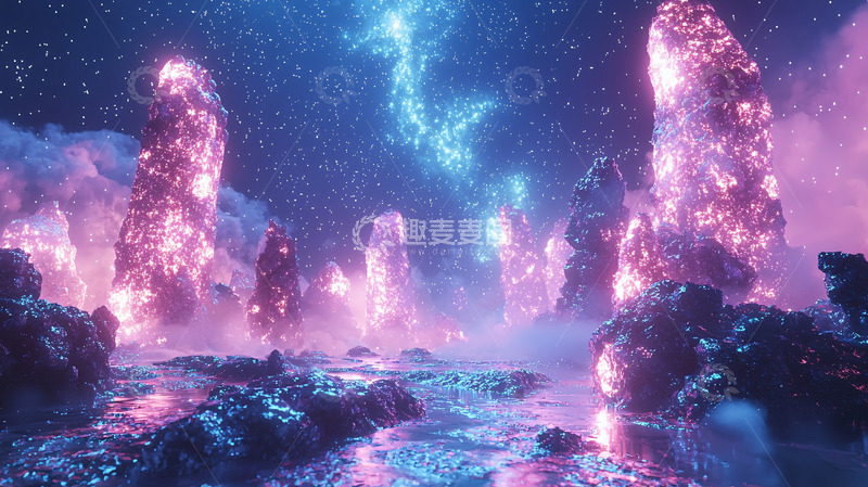 高清大图下载【趣麦麦图】紫色星空下的岩石景观