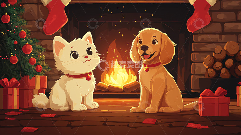 高清大图下载【趣麦麦图】圣诞节壁炉猫咪狗狗